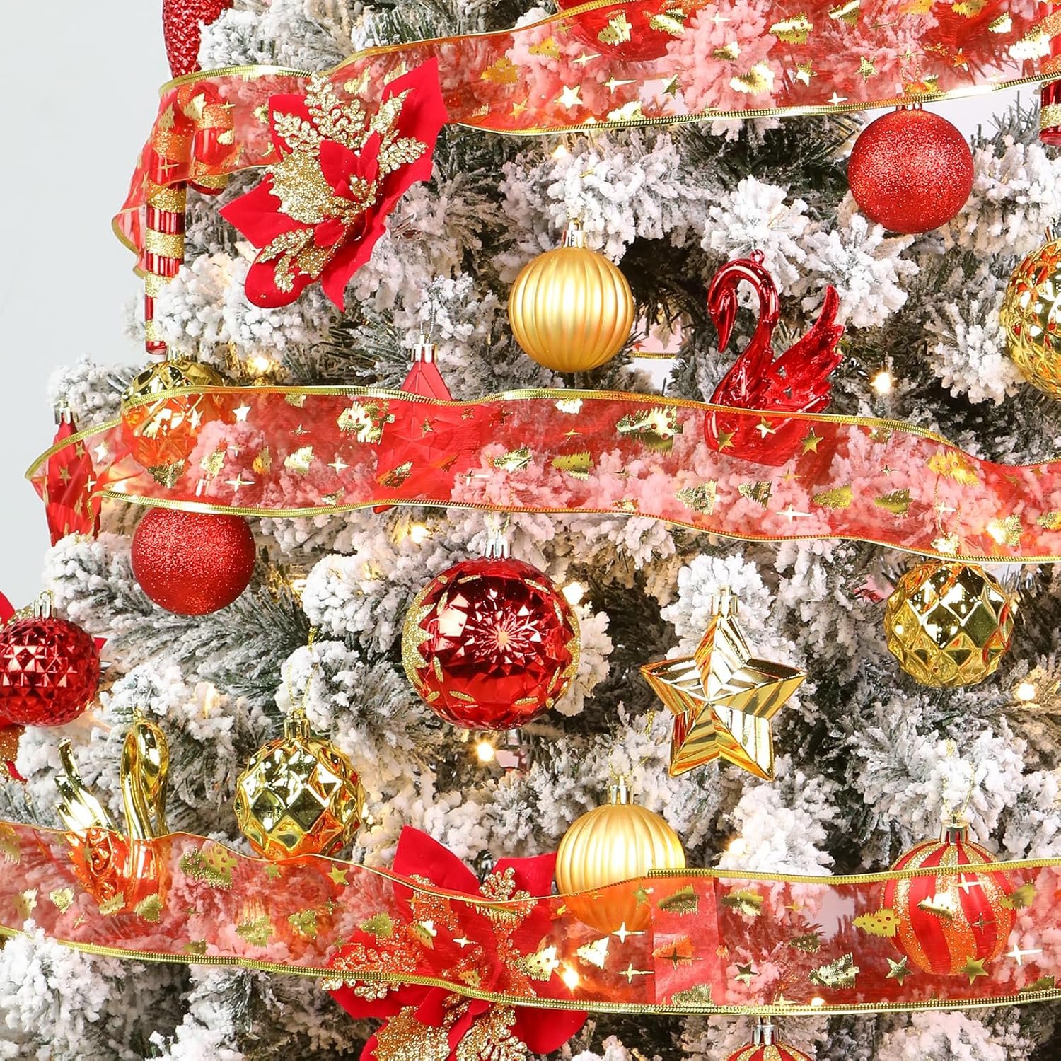128pcs Christmas Balls Ornaments Set, Shatterproof Plastic Baubles Christmas Flowers, Ribbon and Tree Topper for Xmas Tree Holiday Wedding Party Decorations with Hanging Strings, Red and Gold - Image 8