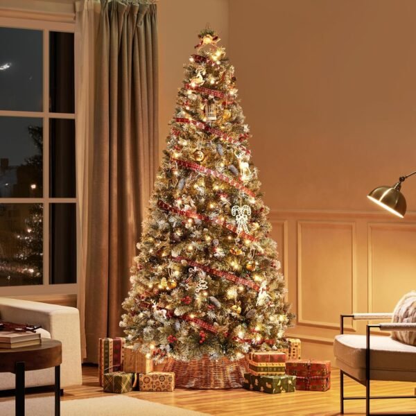 Yaheetech 7.5ft Pre-lit Frosted Artificial Hinged Christmas Tree with 1398 Flocked PVC Tips,88 Pine Cones,88 Holly Berries & 500 Warm White Lights,Foldable Stand,Green - Image 8
