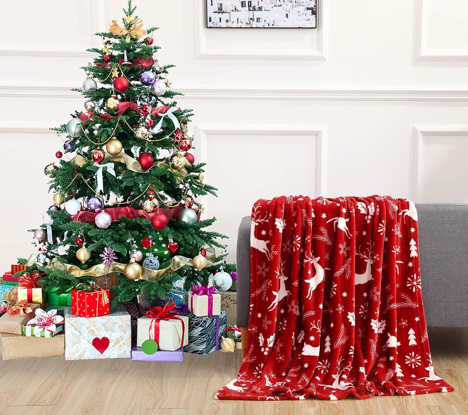 Elegant Comfort Luxury Velvet Super Soft Christmas Prints Fleece Blanket-Holiday Theme Home Décor Fuzzy Warm and Cozy Throws for Winter Bedding, Couch and Gift, 50 x 60 inch, Burgundy Reindeer - Image 3
