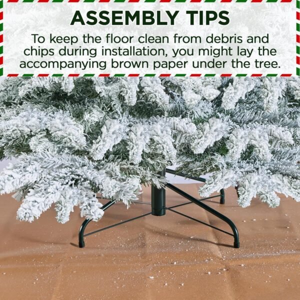 Yaheetech 6ft Pre-Lit Artificial Christmas Tree with 400 Warm White LED Lights & 940 PVC Tips,Hinged Snow Flocked Xmas Tree with Foldable Stand & Protective Foot Caps,Green & White - Image 9
