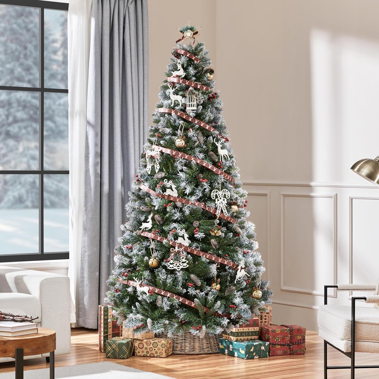 Yaheetech 7.5ft Pre-lit Frosted Artificial Hinged Christmas Tree with 1398 Flocked PVC Tips,88 Pine Cones,88 Holly Berries & 500 Warm White Lights,Foldable Stand,Green - Image 5
