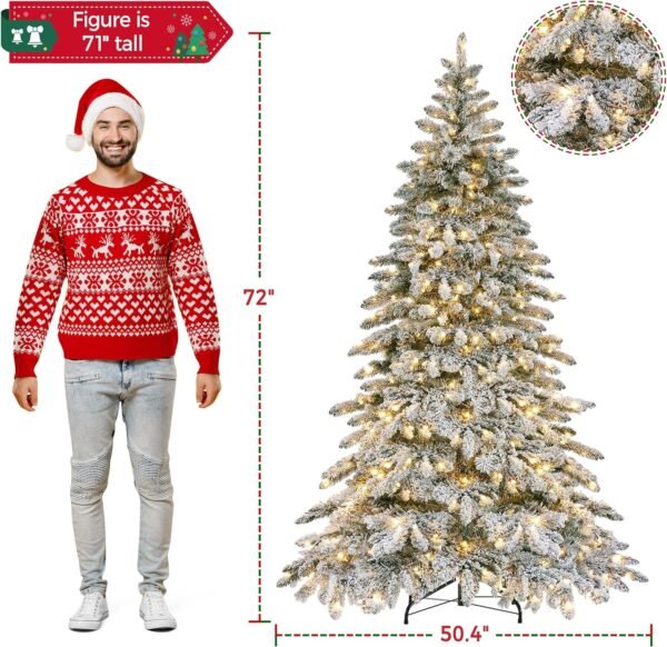 Yaheetech 6ft Pre-Lit Artificial Christmas Tree with 400 Warm White LED Lights & 940 PVC Tips,Hinged Snow Flocked Xmas Tree with Foldable Stand & Protective Foot Caps,Green & White - Image 4