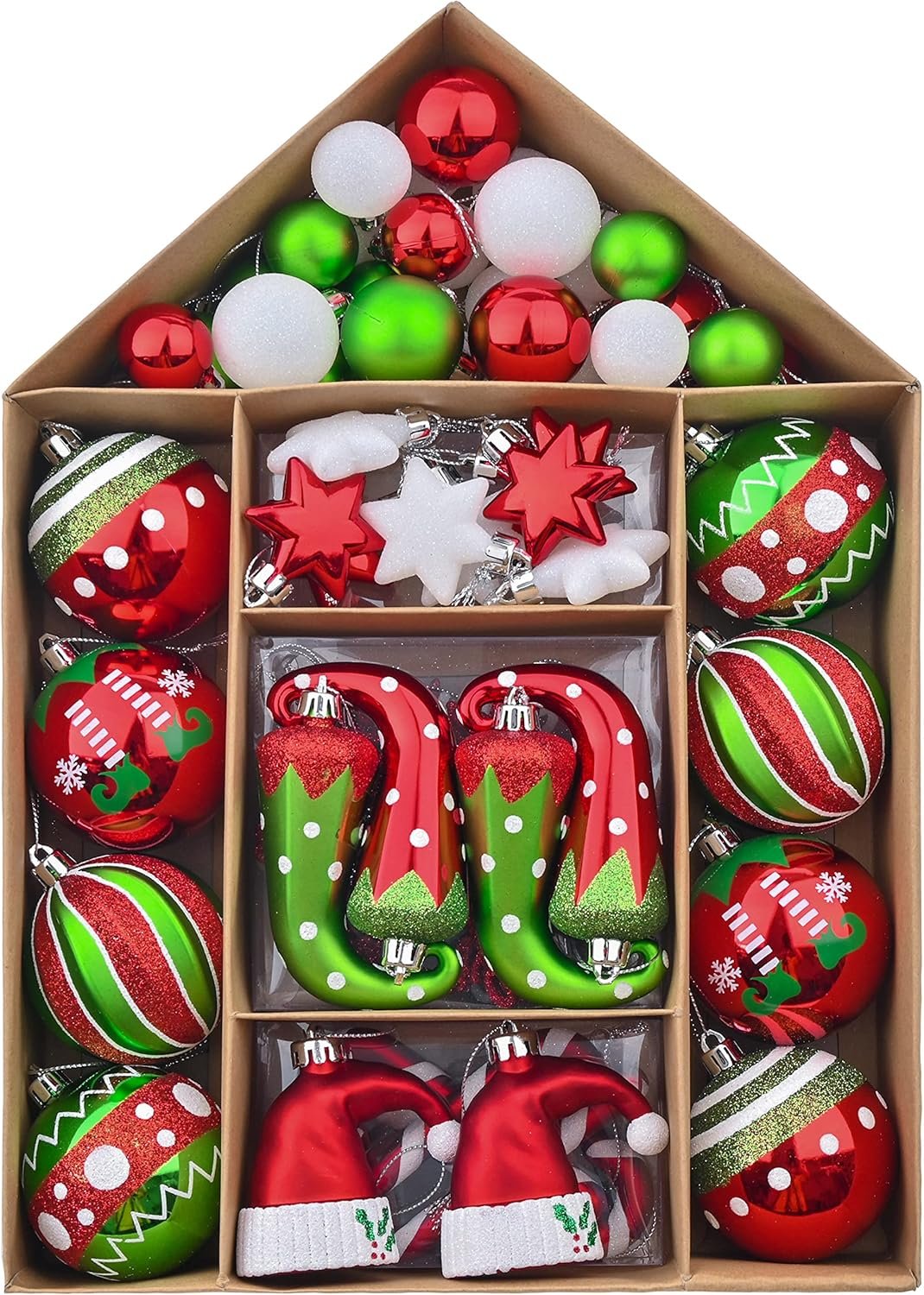 Valery Madelyn Christmas Ornaments Set, 70ct Elf Red Green White Shatterproof Christmas Tree Decorations Ball Ornaments Bulk, Variety Decorative Hanging Ornaments for Xmas Trees Holiday Party Decor - Image 2
