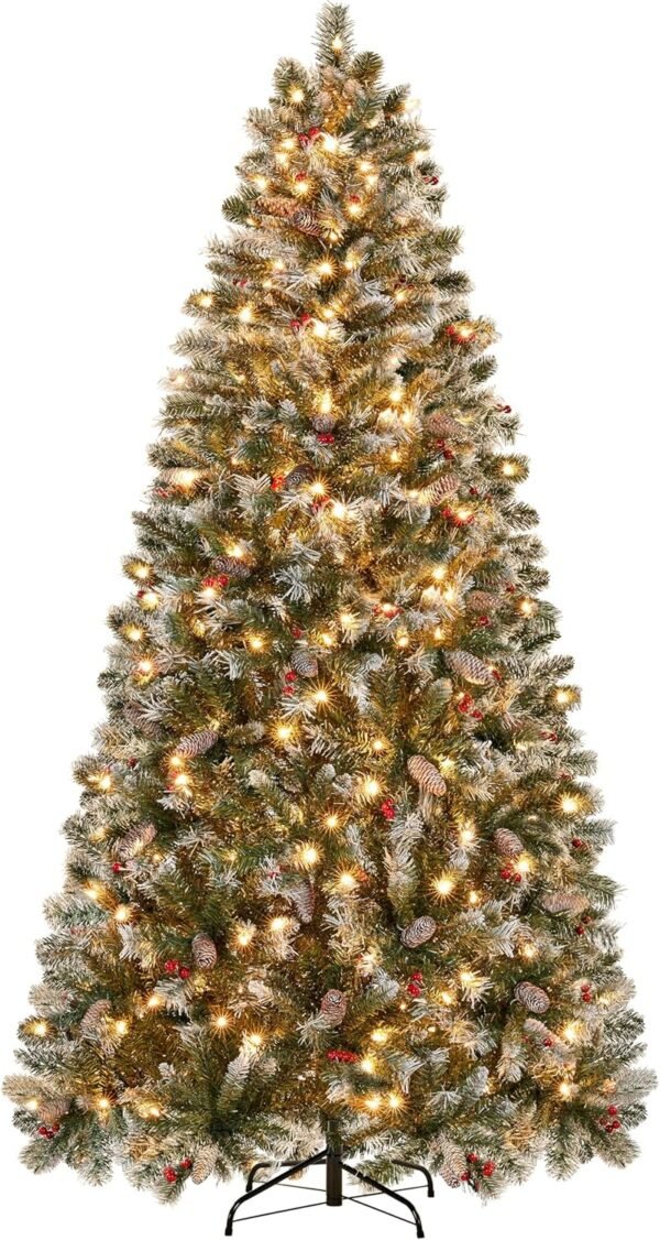 Yaheetech 7.5ft Pre-lit Frosted Artificial Hinged Christmas Tree with 1398 Flocked PVC Tips,88 Pine Cones,88 Holly Berries & 500 Warm White Lights,Foldable Stand,Green - Image 2