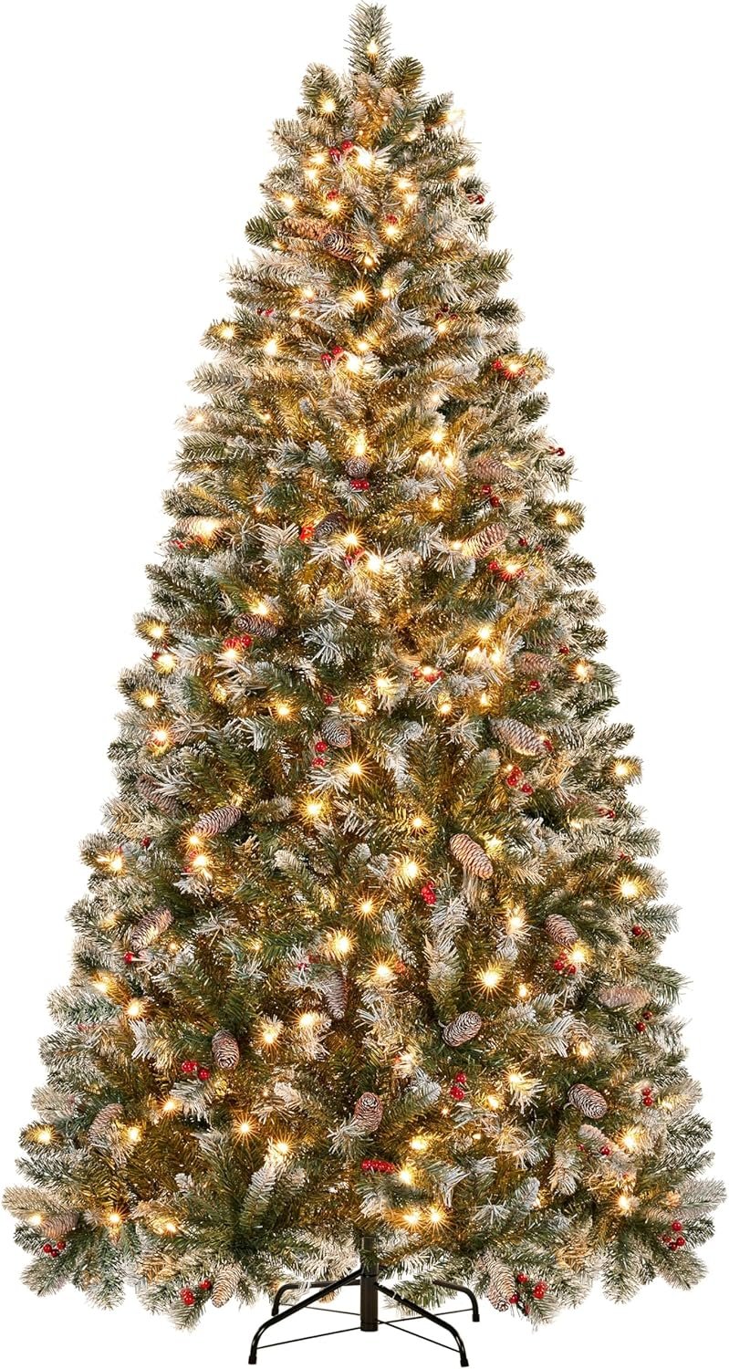 Yaheetech 7.5ft Pre-lit Frosted Artificial Hinged Christmas Tree with 1398 Flocked PVC Tips,88 Pine Cones,88 Holly Berries & 500 Warm White Lights,Foldable Stand,Green - Image 2