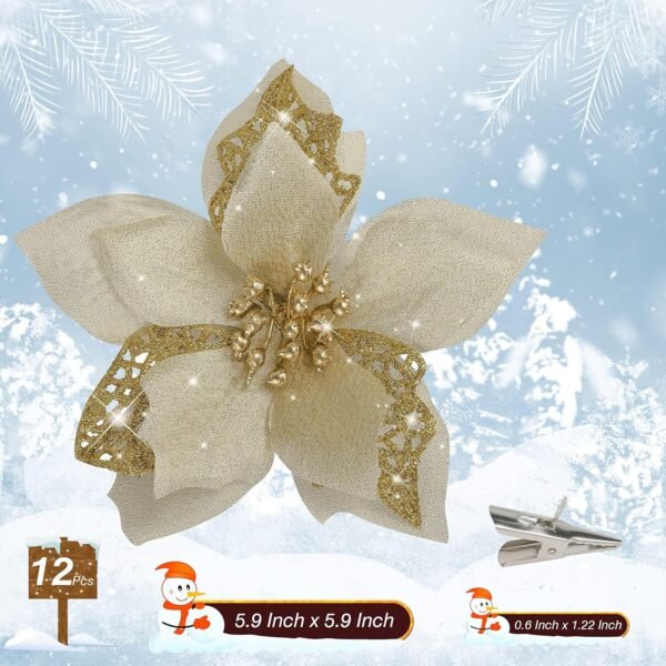 12 PCS Poinsettia Flower Artificial Poinsettia Christmas Decoration 5.9'' Gold Glitter Poinsettias Christmas Ornaments Christmas Tree Flower Decor with Clips DIY Xmas Wreath Holiday Home Party Decor - Image 6