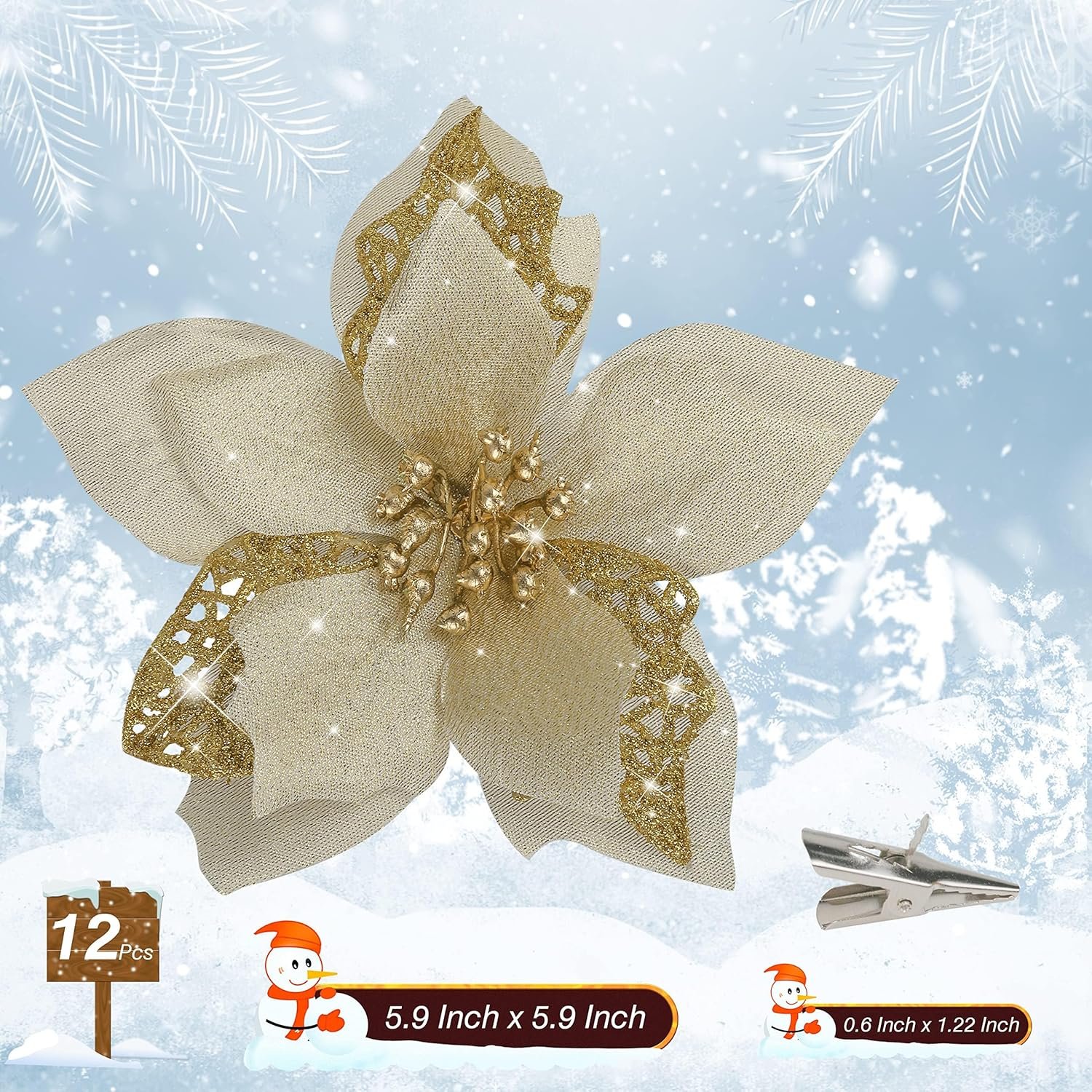 12 PCS Poinsettia Flower Artificial Poinsettia Christmas Decoration 5.9'' Gold Glitter Poinsettias Christmas Ornaments Christmas Tree Flower Decor with Clips DIY Xmas Wreath Holiday Home Party Decor - Image 6