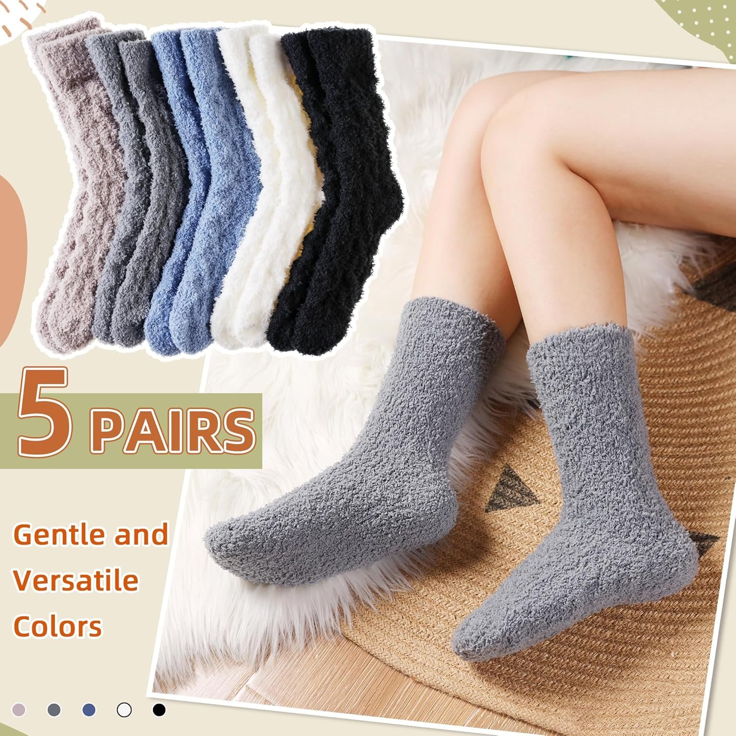 Velice Womens Fuzzy Socks Soft Cozy Fluffy Slipper Socks Winter Warm Plush Sleeping Christmas Socks 5 Pairs - Image 6