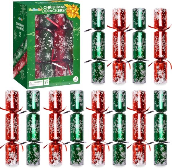 Christmas Crackers, 12 Pack Valentines No Snap Party Favors with Party Hat, Joke & Little Gift Inside for Christmas Thanksgiving Seasonal Holiday Dinner Traditions (Red and Green) - Image 2