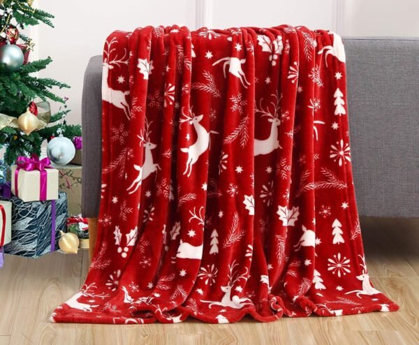 Elegant Comfort Luxury Velvet Super Soft Christmas Prints Fleece Blanket-Holiday Theme Home Décor Fuzzy Warm and Cozy Throws for Winter Bedding, Couch and Gift, 50 x 60 inch, Burgundy Reindeer - Image 2