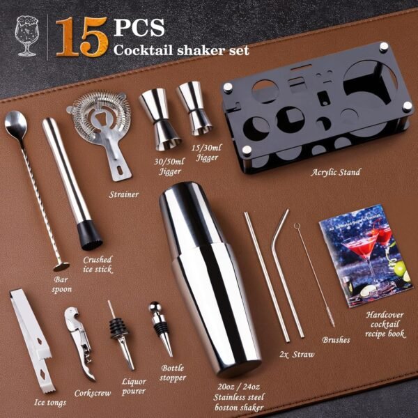 Cocktail Shaker Set Bartender Kit : 15-Piece Bar Tool Set with Acrylic Stand Bar Set with All Practical Bar Accessories, for Drink Mixing, Bar, Home, Lounge & Party, Silver - Image 3