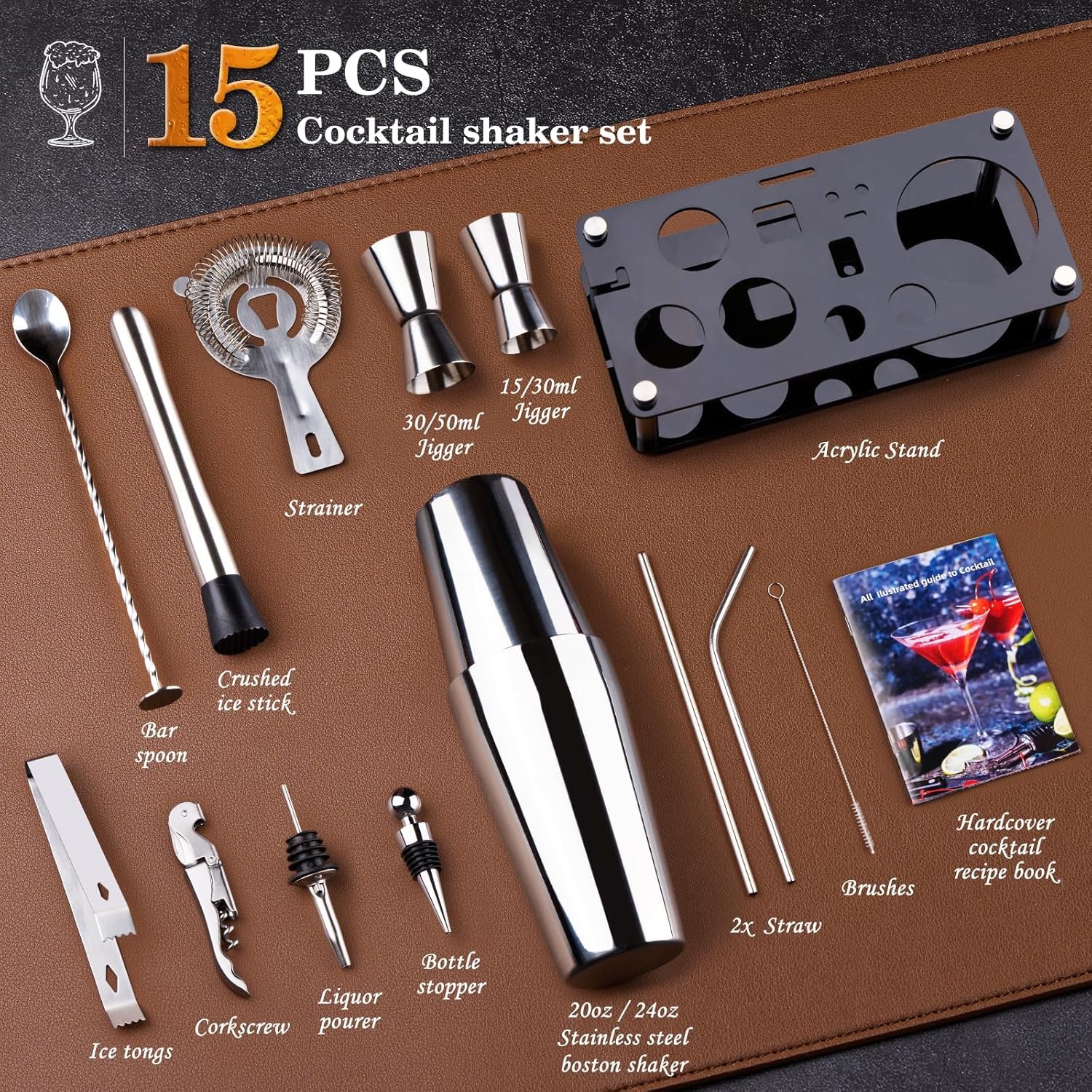 Cocktail Shaker Set Bartender Kit : 15-Piece Bar Tool Set with Acrylic Stand Bar Set with All Practical Bar Accessories, for Drink Mixing, Bar, Home, Lounge & Party, Silver - Image 3