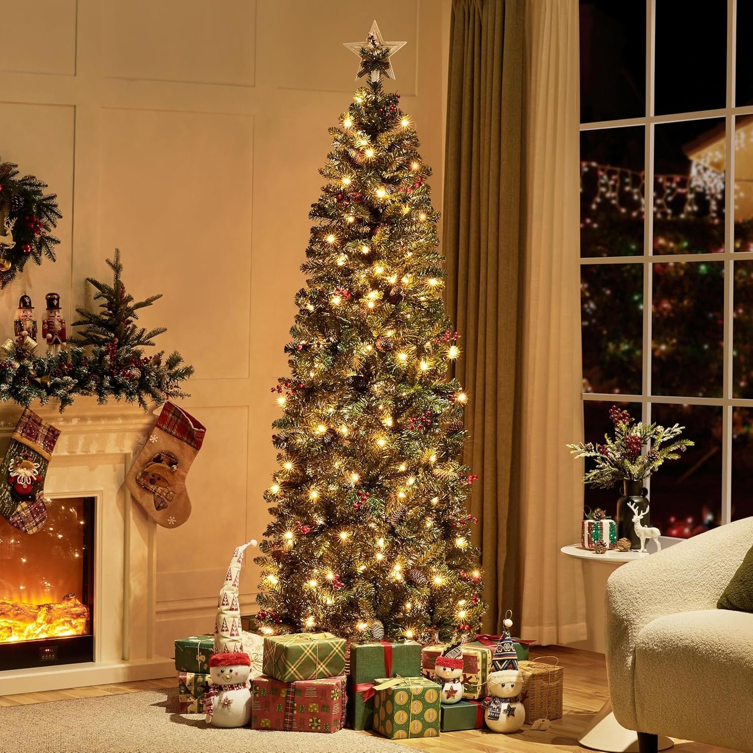 Yaheetech 7.5ft Pre-lit Pencil Spruce Christmas Tree, Artificial Slim Xmas Fir, Pre-Decorated for Home, Office, Party, Holiday Decor W/ 948 Tips, 350 Lights, Pine Cones, Metal Hinges & Base, Green - Image 3