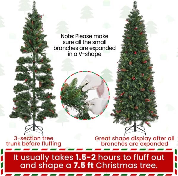 Yaheetech 7.5ft Pre-lit Pencil Spruce Christmas Tree, Artificial Slim Xmas Fir, Pre-Decorated for Home, Office, Party, Holiday Decor W/ 948 Tips, 350 Lights, Pine Cones, Metal Hinges & Base, Green - Image 8