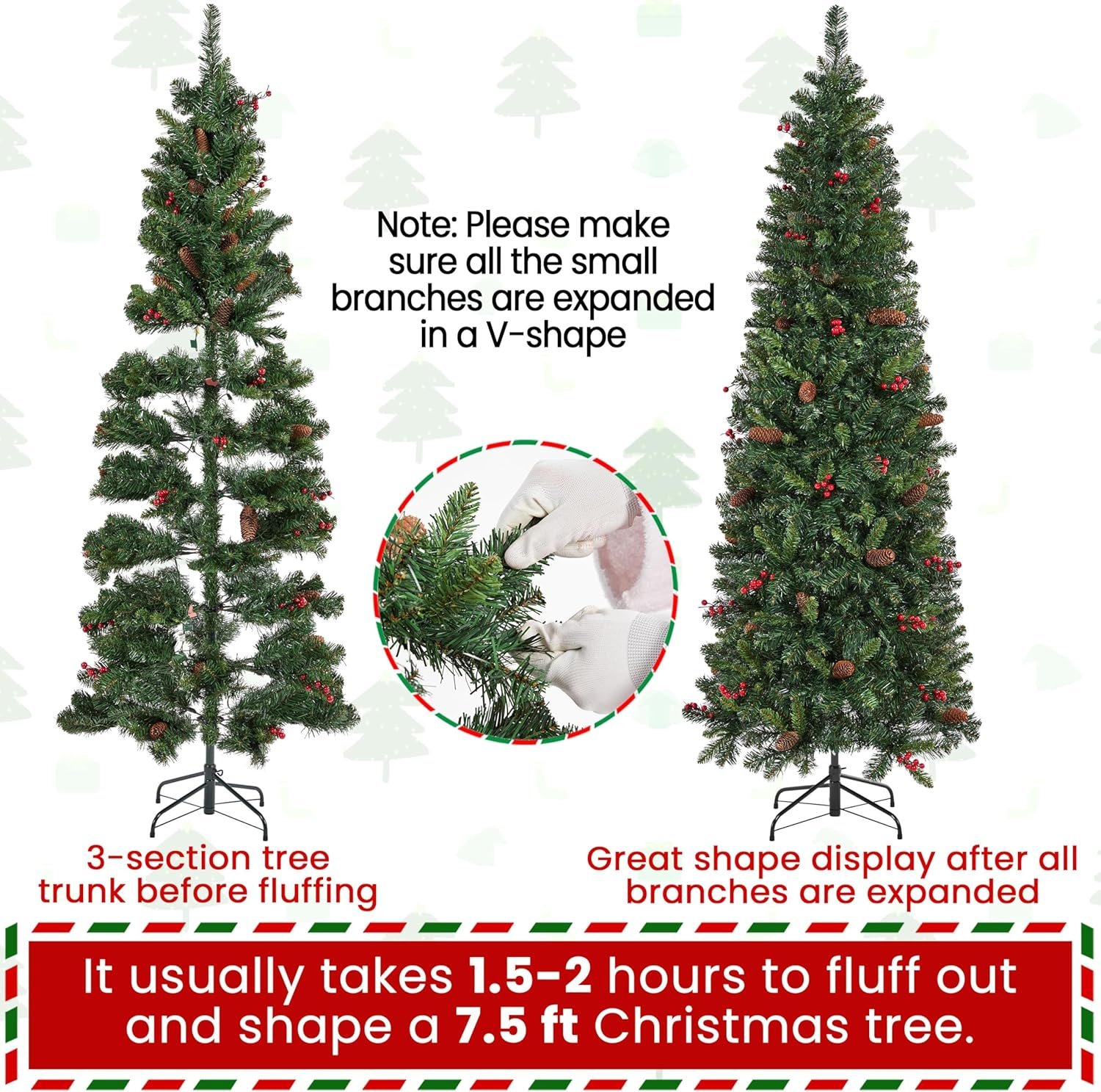 Yaheetech 7.5ft Pre-lit Pencil Spruce Christmas Tree, Artificial Slim Xmas Fir, Pre-Decorated for Home, Office, Party, Holiday Decor W/ 948 Tips, 350 Lights, Pine Cones, Metal Hinges & Base, Green - Image 8