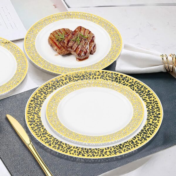 BAYZZ 175 Piece Gold Dinnerware Set,25 Guest Gold Lace Design Plastic Plates,25 Gold Plastic Silverware,25 Gold Cups,25 Gold Napkins,25 Guest Disposable Gold Dinnerware Set - Image 6