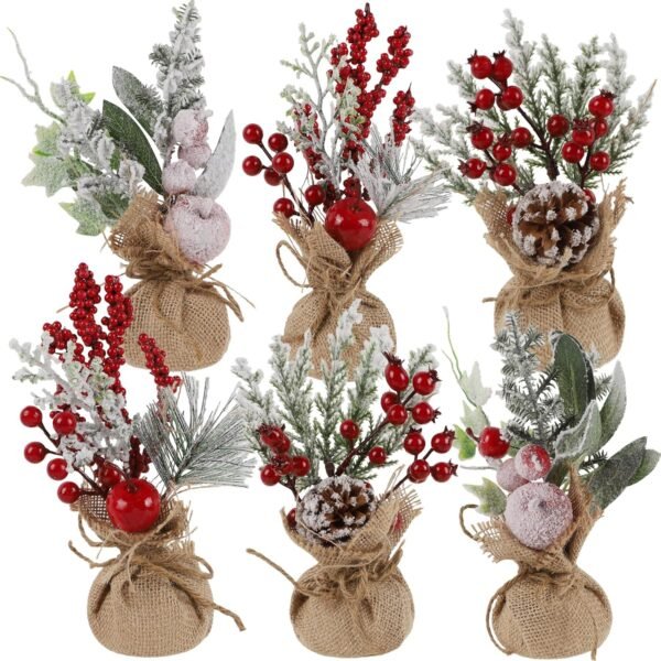 winemana 6 Pcs Mini Christmas Tree Table Decorations, 9" Small Artificial Trees with Red Berries Pine Cone Tabletop Centerpiece for Home Office Room Holiday Decorations - Image 2