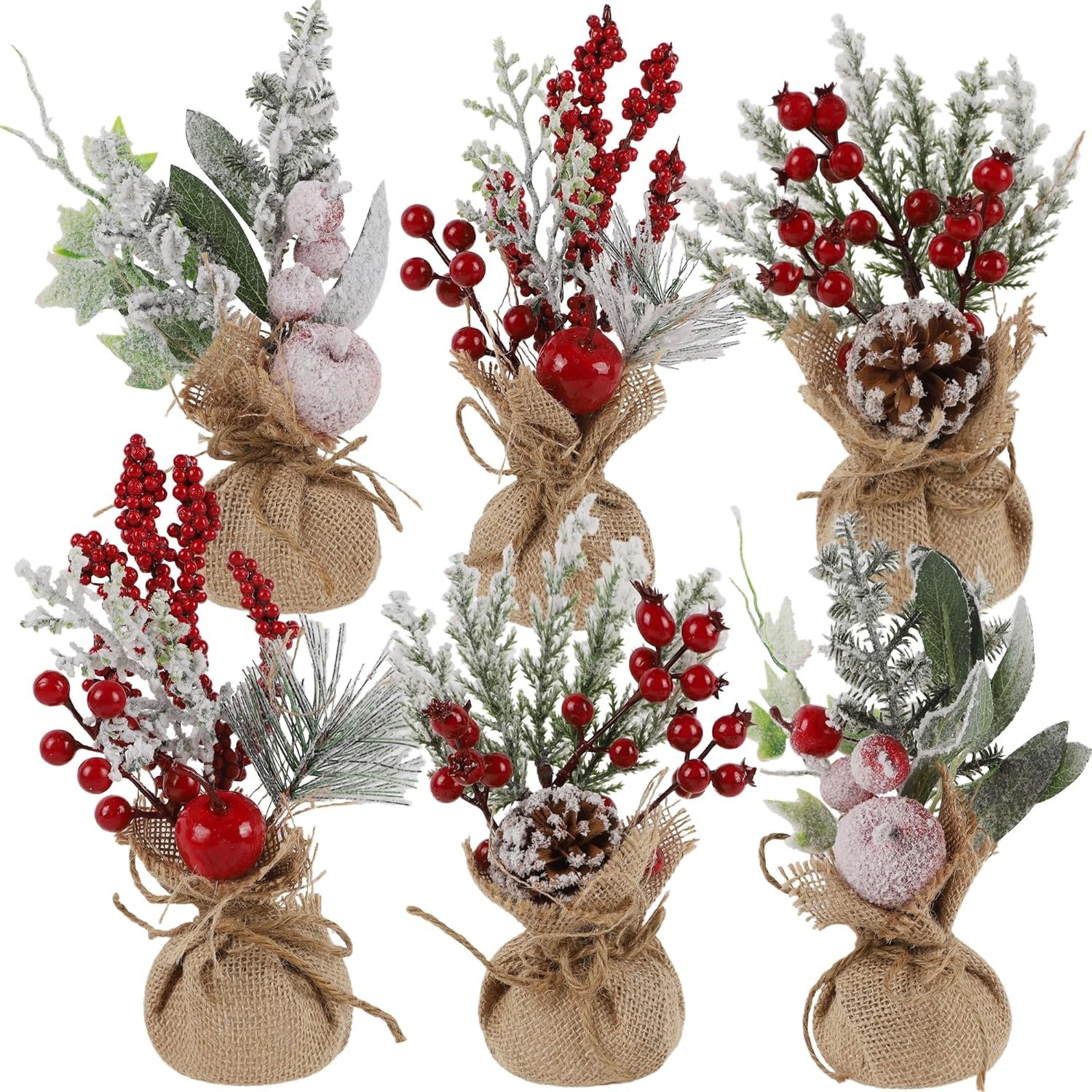 winemana 6 Pcs Mini Christmas Tree Table Decorations, 9" Small Artificial Trees with Red Berries Pine Cone Tabletop Centerpiece for Home Office Room Holiday Decorations - Image 2