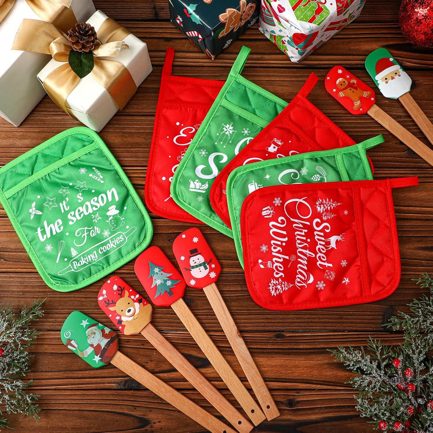 Yaomiao 12 Pcs Christmas Pot Holders with Silicone Spatula Set Silicone Spatula Set with Wooden Handles Pot Holders for Kitchen Christmas Kitchen Utensils Christmas Baking Gifts for Xmas (Cute) - Image 3