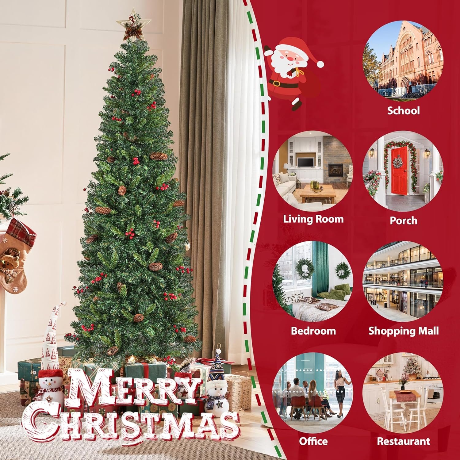 Yaheetech 7.5ft Pre-lit Pencil Spruce Christmas Tree, Artificial Slim Xmas Fir, Pre-Decorated for Home, Office, Party, Holiday Decor W/ 948 Tips, 350 Lights, Pine Cones, Metal Hinges & Base, Green - Image 9