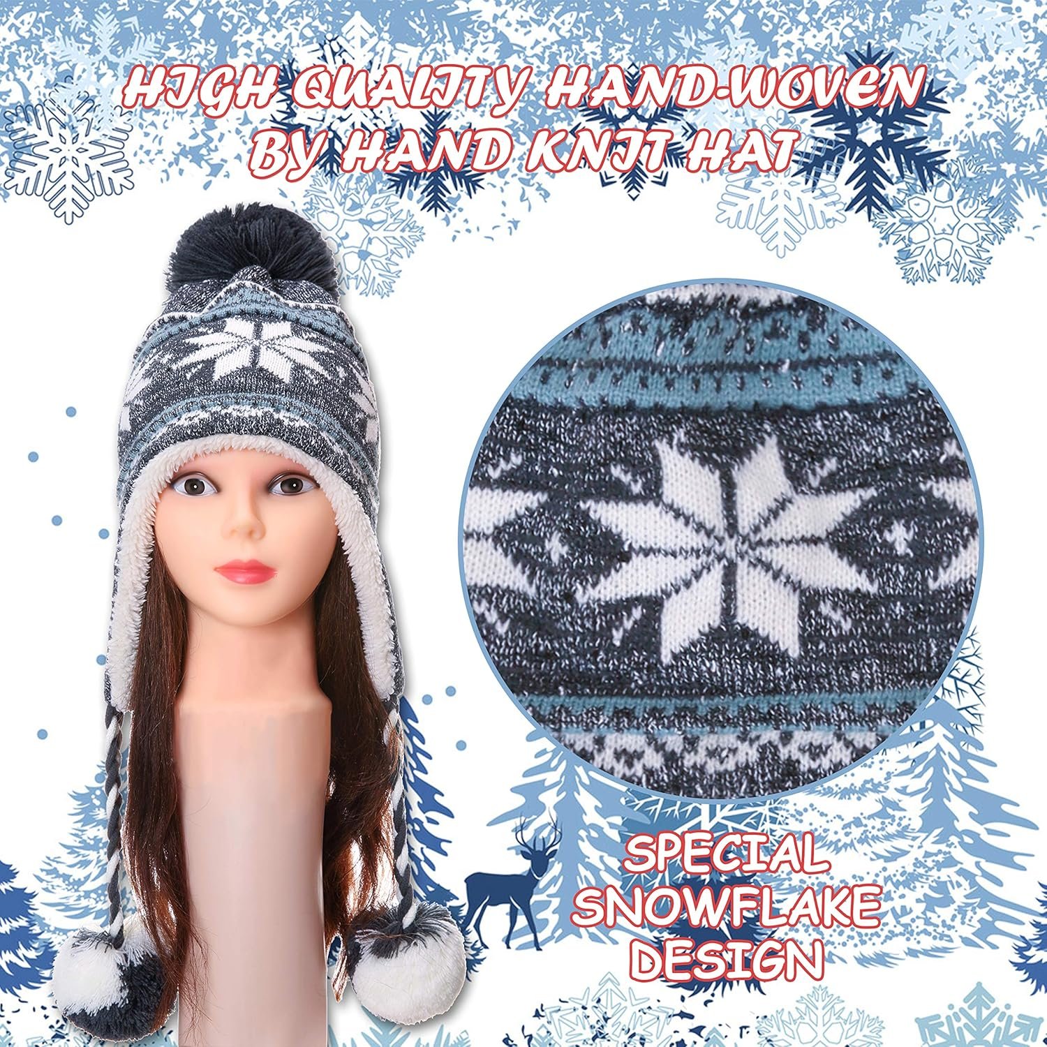 Dosoni Winter Hats for Women Knit Beanie Soft Warm Fleece Lined Long Ear Straps Snow Ski Cap with Pompom - Image 5