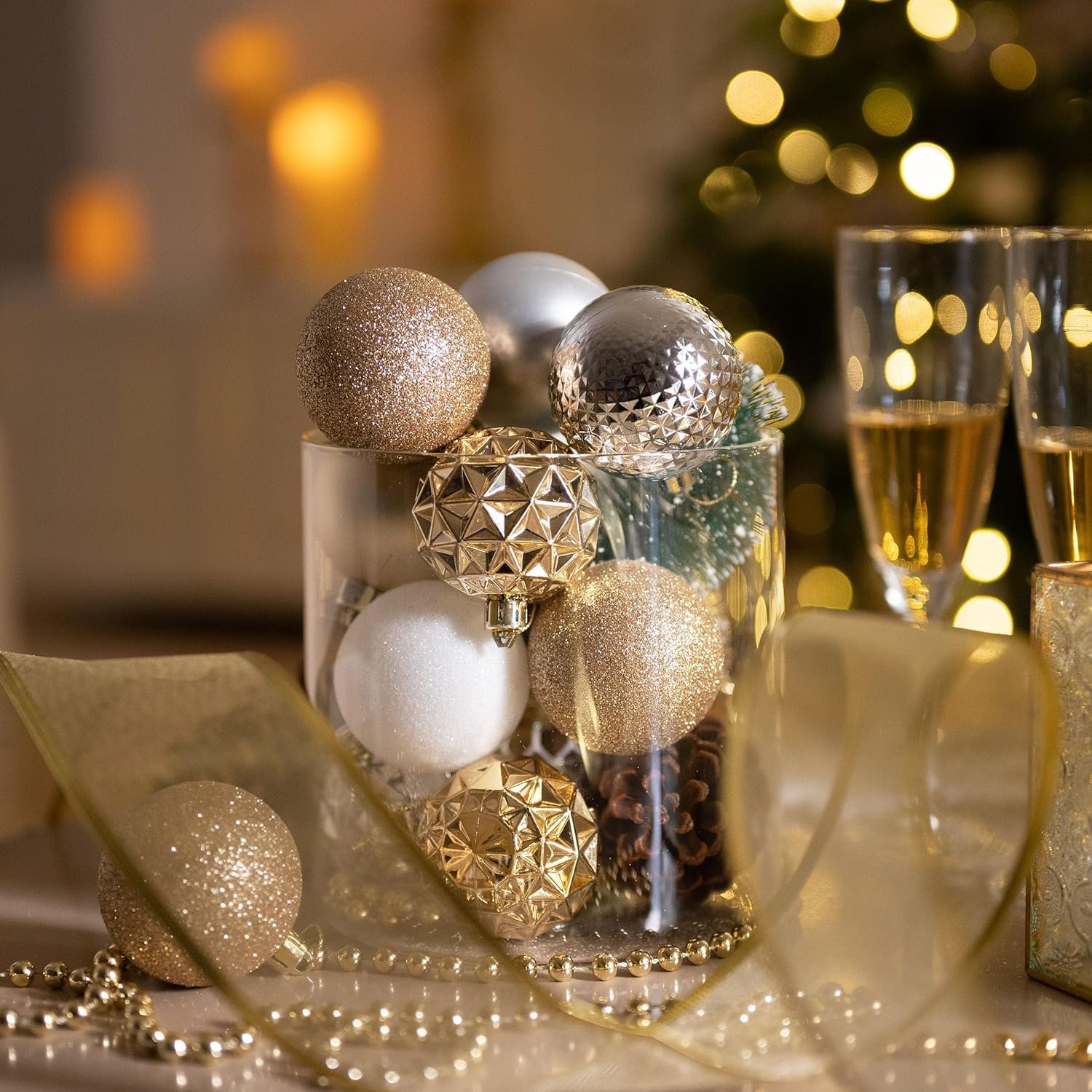Valery Madelyn Christmas Tree Decorations Ornament Set for Fall Halloween Decor, 50ct White and Gold Shatterproof Christmas Ball Ornaments Bulk, 2.36 Inches Hanging Decor for Xmas Holiday Party - Image 5