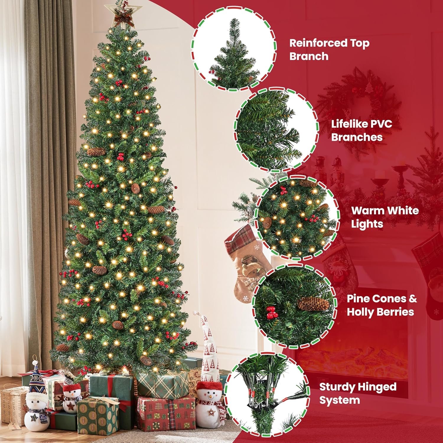Yaheetech 7.5ft Pre-lit Pencil Spruce Christmas Tree, Artificial Slim Xmas Fir, Pre-Decorated for Home, Office, Party, Holiday Decor W/ 948 Tips, 350 Lights, Pine Cones, Metal Hinges & Base, Green - Image 7