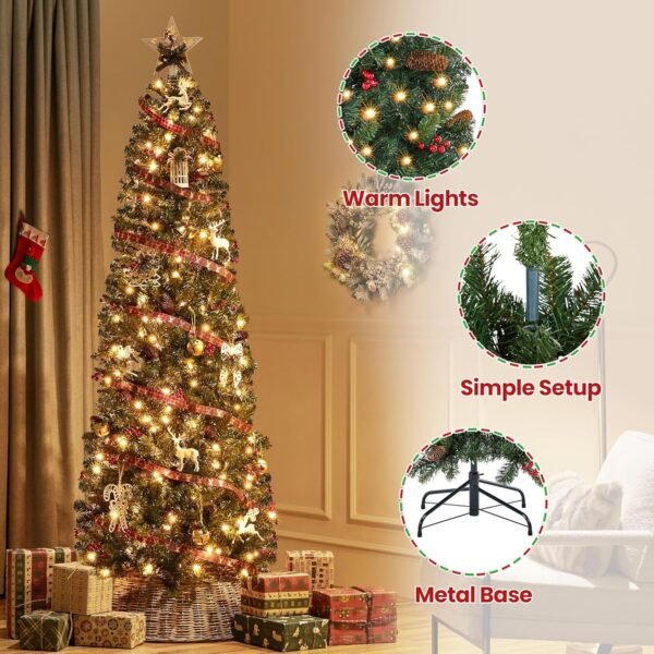 Yaheetech 7.5ft Pre-lit Pencil Spruce Christmas Tree, Artificial Slim Xmas Fir, Pre-Decorated for Home, Office, Party, Holiday Decor W/ 948 Tips, 350 Lights, Pine Cones, Metal Hinges & Base, Green - Image 6