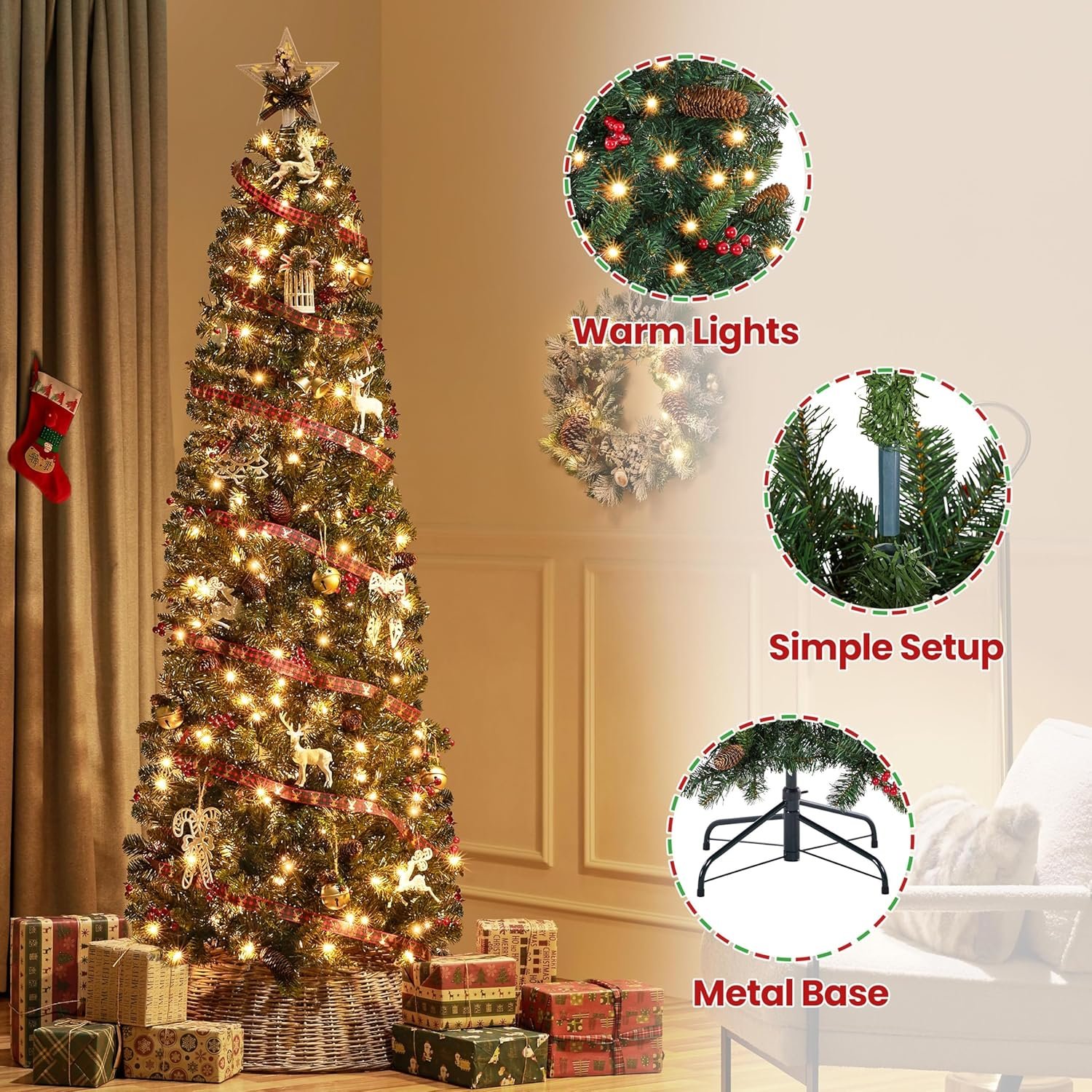 Yaheetech 7.5ft Pre-lit Pencil Spruce Christmas Tree, Artificial Slim Xmas Fir, Pre-Decorated for Home, Office, Party, Holiday Decor W/ 948 Tips, 350 Lights, Pine Cones, Metal Hinges & Base, Green - Image 6