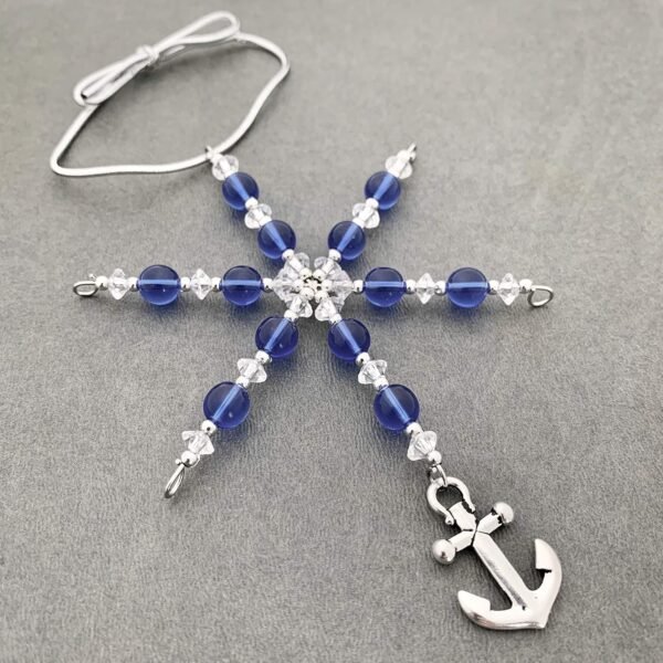Anchor Ornament - Blue Glass Beaded Snowflake Christmas Ornament/Gift Tag with Pewter Anchor Charm with Jewelry Box - Handmade with Clear and Silver Vintage Beads and Blue Glass Vintage Beads - Image 7