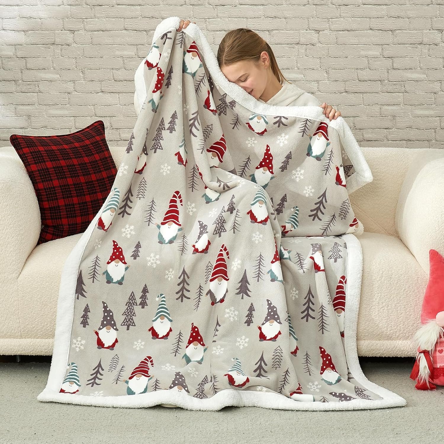 Cozy Bliss Gnome Throw Blanket Christmas Sherpa Blanket Warm Reversible Plush Throw Blanket, Ultra Soft Cozy Throw Blanket for Couch, Sofa and Bed (Xmas Gnome, 50"x60") - Image 2