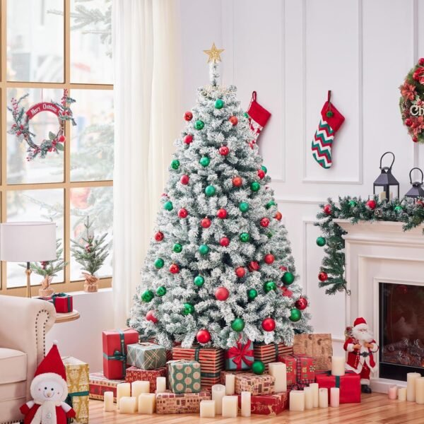 Yaheetech 6ft Pre-lit Artificial Christmas Tree with Incandescent Warm White Lights, Snow Flocked Full Prelighted Xmas Tree W/820 Branch Tips, 250 Incandescent Lights & Foldable Stand, Green & White - Image 6