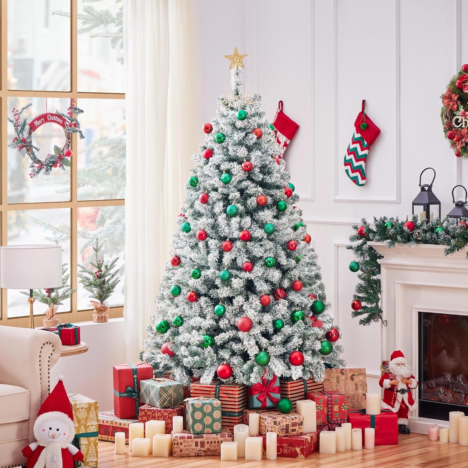Yaheetech 6ft Pre-lit Artificial Christmas Tree with Incandescent Warm White Lights, Snow Flocked Full Prelighted Xmas Tree W/820 Branch Tips, 250 Incandescent Lights & Foldable Stand, Green & White - Image 6