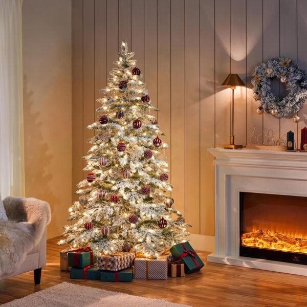 Yaheetech 6ft Pre-Lit Artificial Christmas Tree with 400 Warm White LED Lights & 940 PVC Tips,Hinged Snow Flocked Xmas Tree with Foldable Stand & Protective Foot Caps,Green & White - Image 3