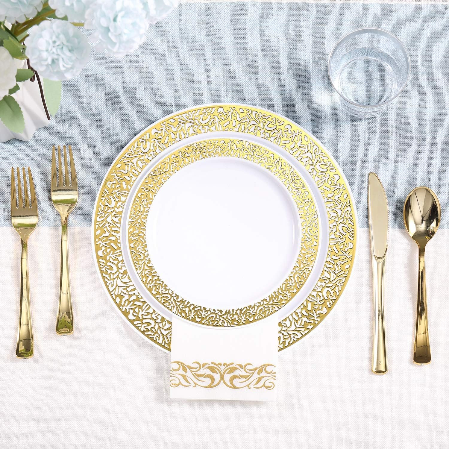 FOCUSLINE 350pcs Gold Dinnerware Set for 50 Guests, Gold Lace Plastic Plates Disposable Heavy Duty, Including 50 Dinner Plates, 50 Dessert Plates, 50 Cups, 50 Napkins, 50 Silverware Set - Image 5
