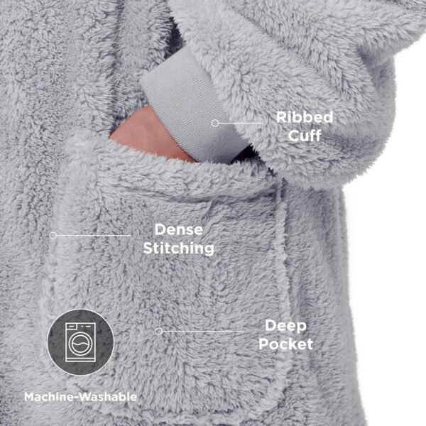 Bedsure Wearable Blanket Hoodie Gifts for Women - Cozy Sherpa Hoodie Blanket for Adult Men, Warm Hooded Blanket Sweatshirt, Grey - Image 4