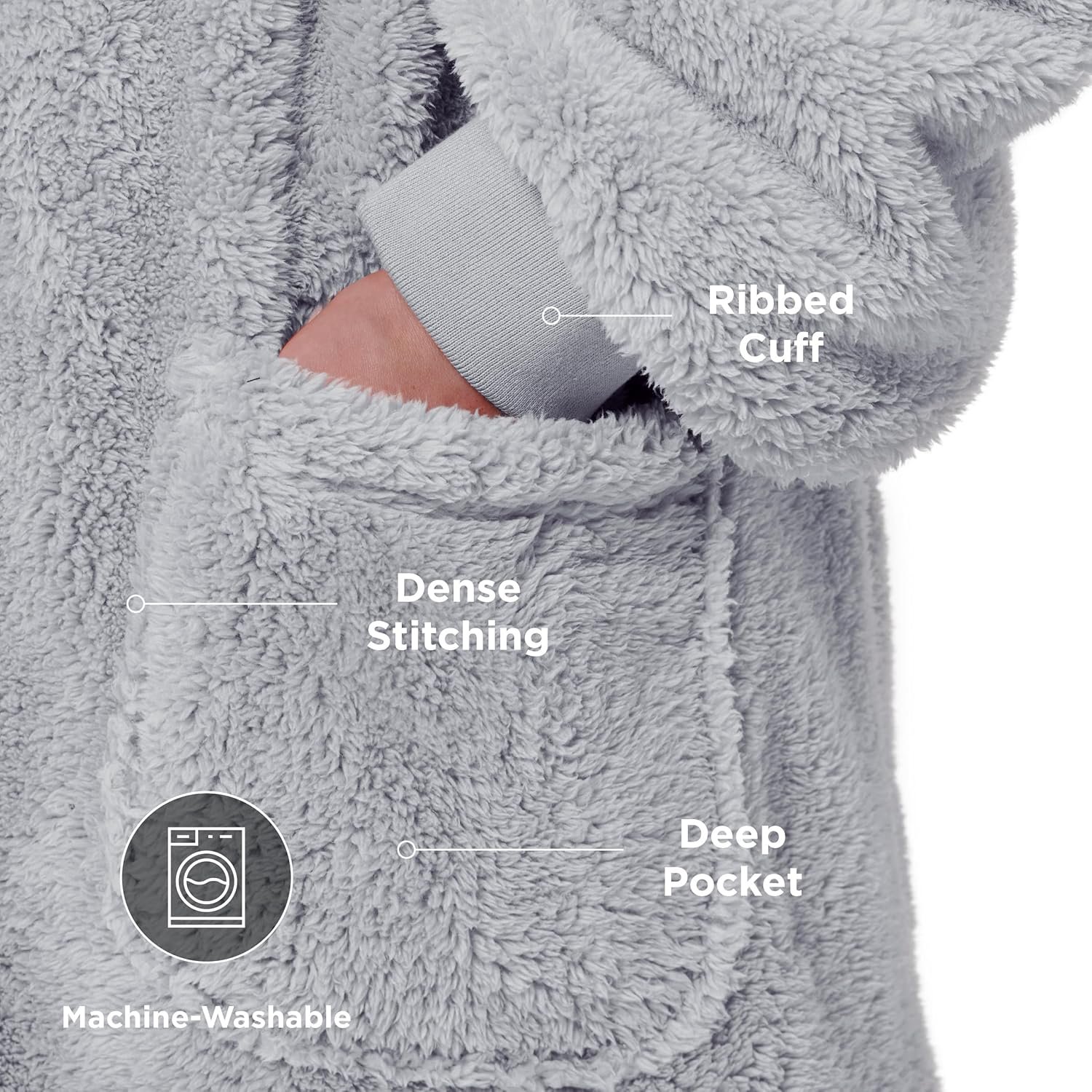 Bedsure Wearable Blanket Hoodie Gifts for Women - Cozy Sherpa Hoodie Blanket for Adult Men, Warm Hooded Blanket Sweatshirt, Grey - Image 4