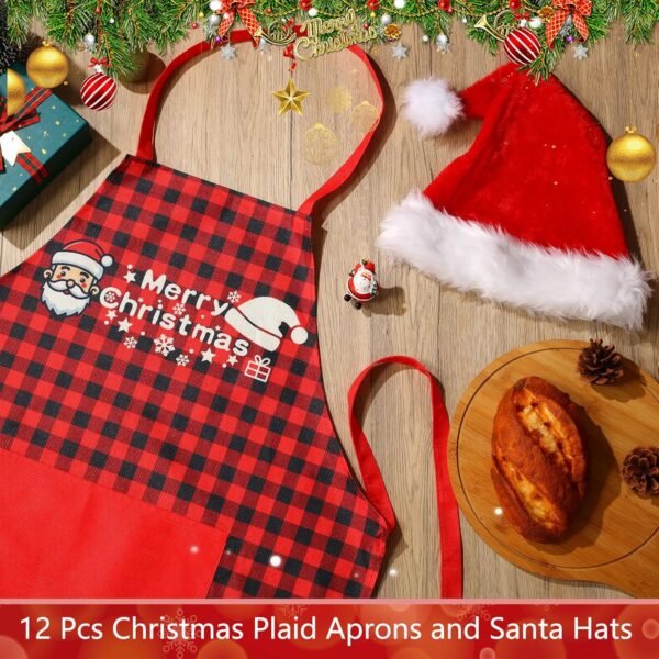 12 Pcs Christmas Aprons and Hats Sets Christmas Aprons with Pockets Adjustable Baking Aprons Include 6 Pcs Different Plaid Aprons and 6 Pcs Santa Hats for Women Men Waterproof Bib Aprons - Image 6