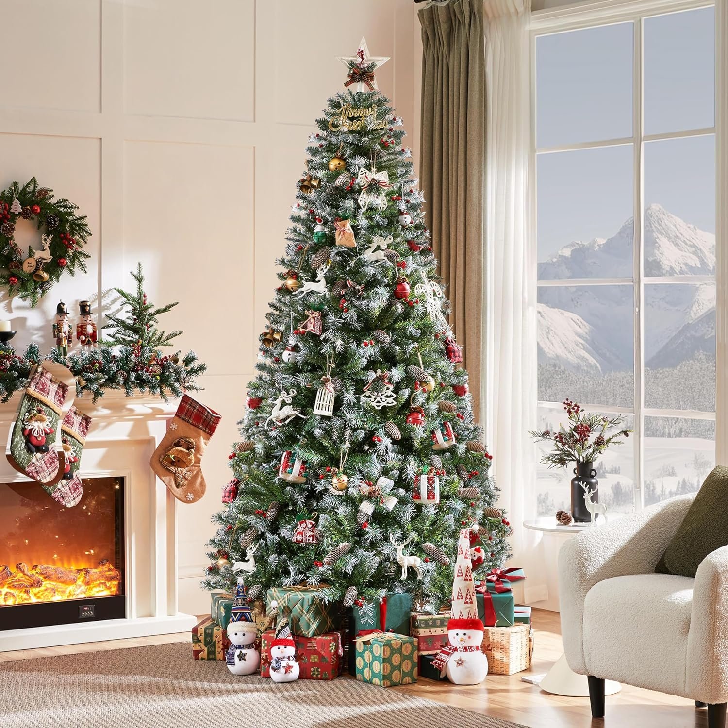 Yaheetech 7.5ft Pre-lit Frosted Artificial Hinged Christmas Tree with 1398 Flocked PVC Tips,88 Pine Cones,88 Holly Berries & 500 Warm White Lights,Foldable Stand,Green - Image 10