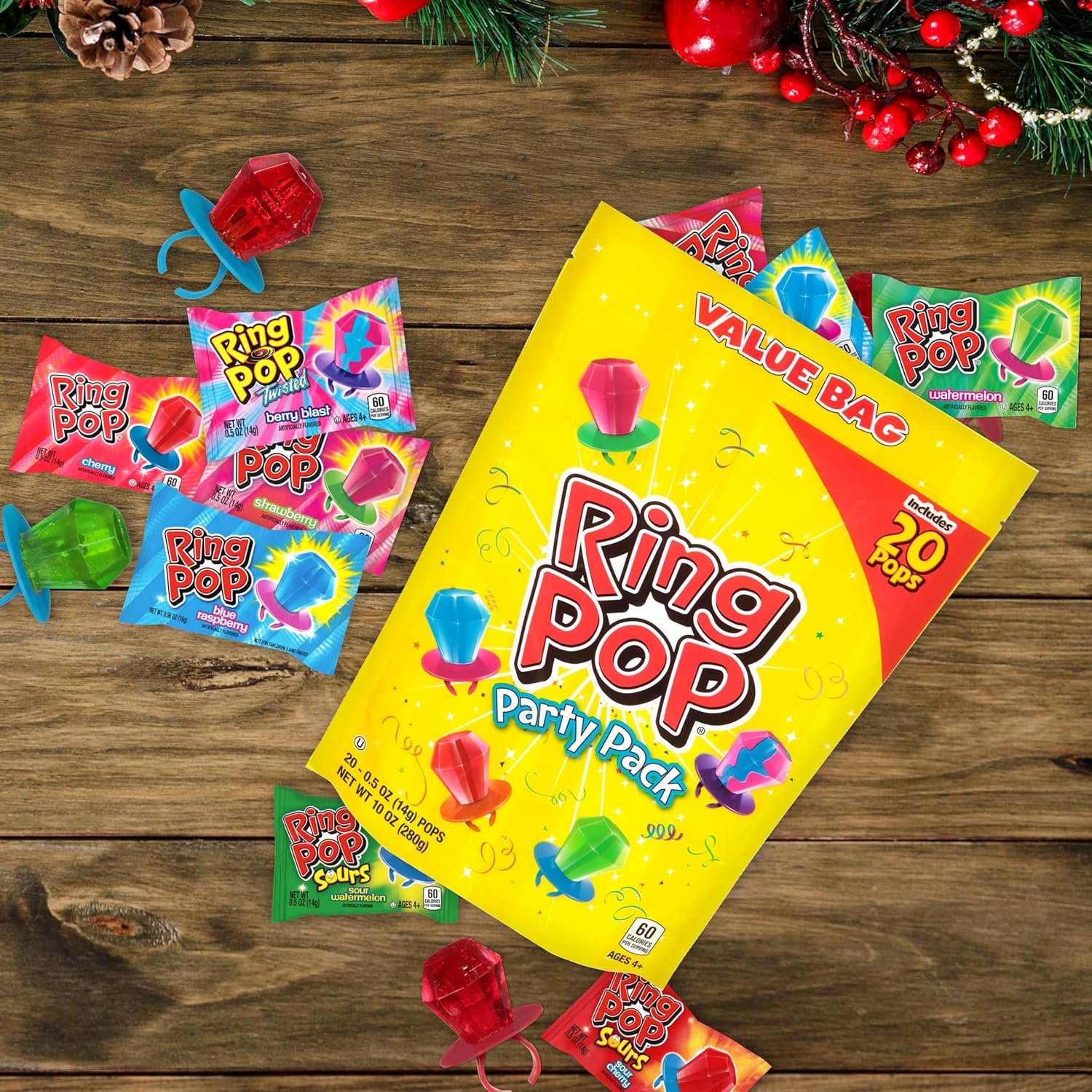 Ring Pop Holiday Candy Lollipops - 20 Ct Candy Variety Pack in Assorted Fruity Flavors - Individually Wrapped Hard Candy Lollipops For Party Favors, Stocking Stuffers, Bachelorette Parties & Gifts - Image 9
