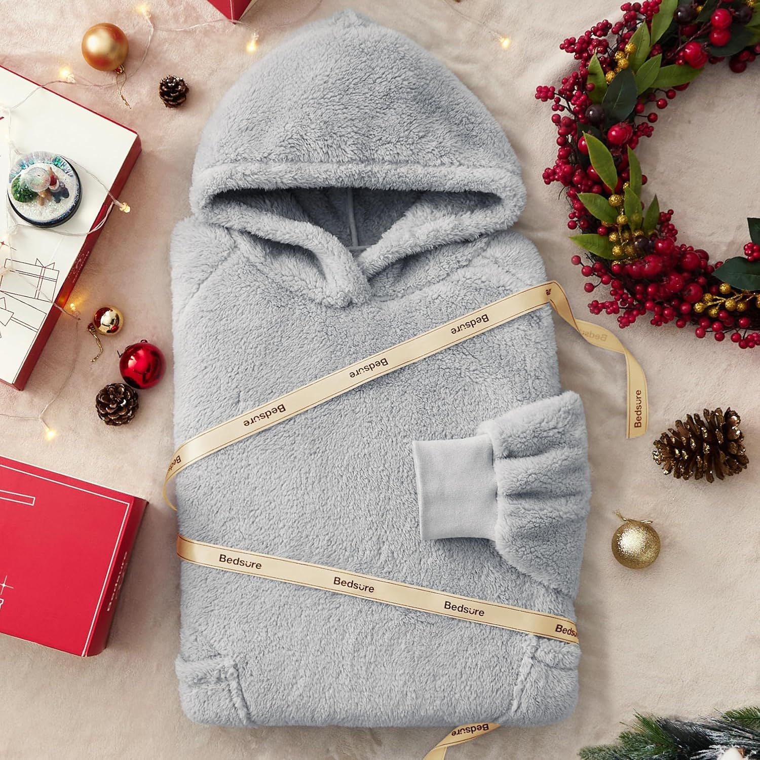 Bedsure Wearable Blanket Hoodie Gifts for Women - Cozy Sherpa Hoodie Blanket for Adult Men, Warm Hooded Blanket Sweatshirt, Grey - Image 7