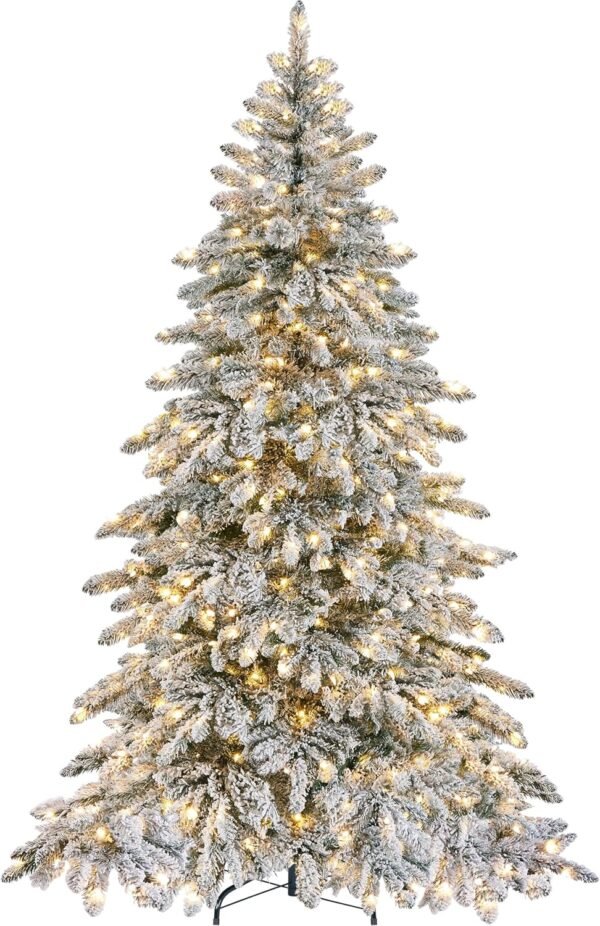 Yaheetech 6ft Pre-Lit Artificial Christmas Tree with 400 Warm White LED Lights & 940 PVC Tips,Hinged Snow Flocked Xmas Tree with Foldable Stand & Protective Foot Caps,Green & White - Image 2