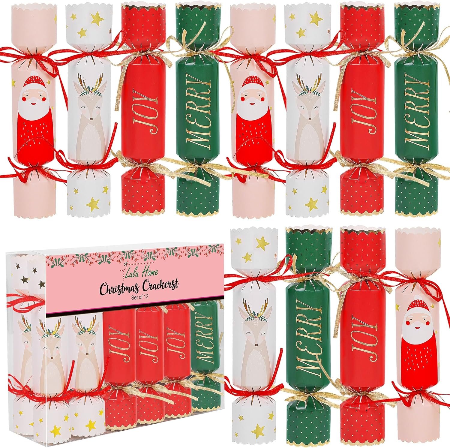 Lulu Home 12 Packs Non-Snap Christmas Crackers Set, Xmas Gift Box Kit Inside with A Puzzle, Small Gadget & Paper Crown for Party Dinner Game Traditions, Reindeer Santa Patterned, Each 6.5"H x 1.4"Dia - Image 2