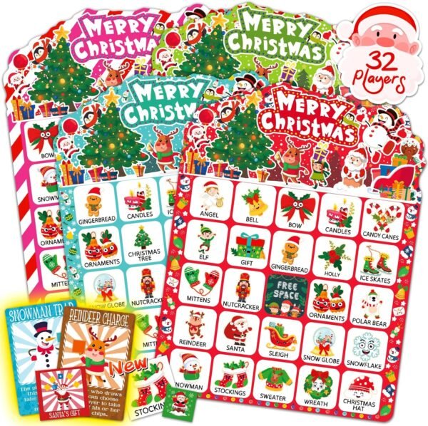 56 Sheets Christmas Bingo Game, 32 Players Christmas Bingo Cards for Kids Adults Christmas Party Game for Family Large Group Winter Holiday Party Favor Kids Bingo - Image 2