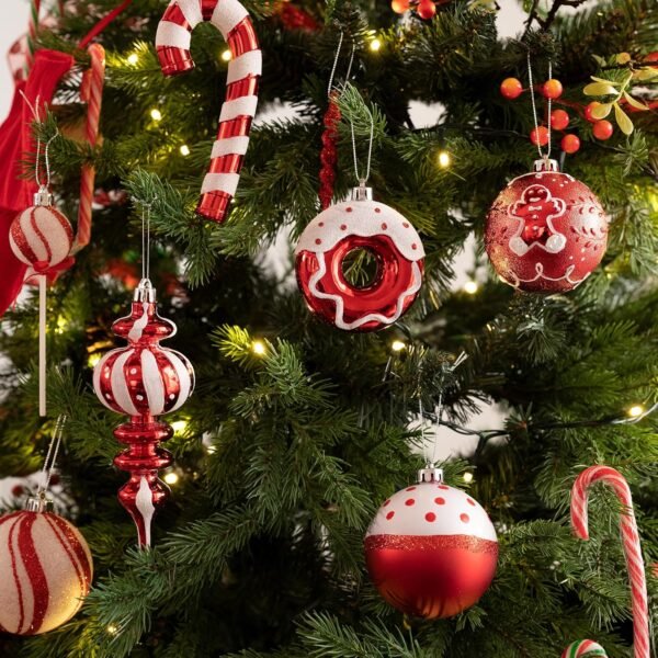 Valery Madelyn Christmas Ball Ornaments Set, 80ct Candy Cane Red and White Shatterproof Christmas Tree Decorations, Variety Decorative Hanging Ornaments for Xmas Trees Bulk Holiday Party Decor - Image 3