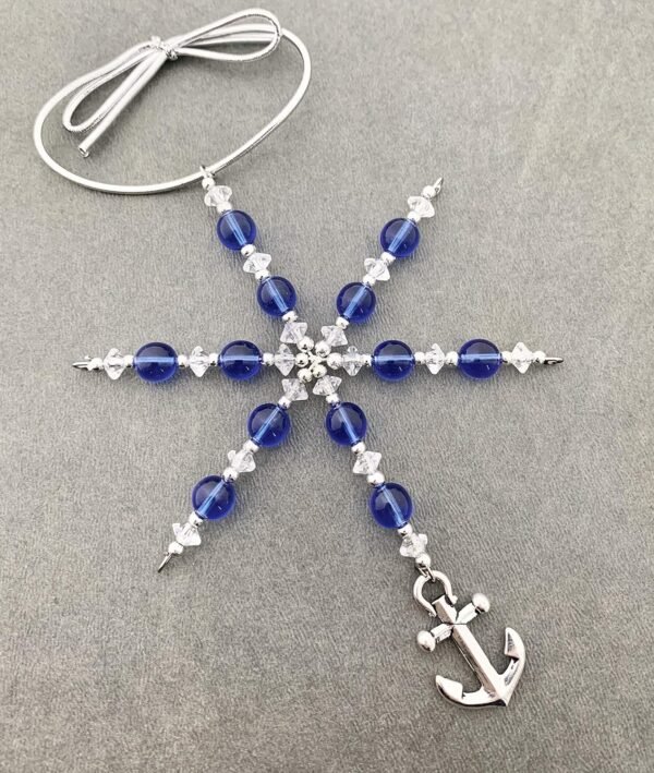 Anchor Ornament - Blue Glass Beaded Snowflake Christmas Ornament/Gift Tag with Pewter Anchor Charm with Jewelry Box - Handmade with Clear and Silver Vintage Beads and Blue Glass Vintage Beads - Image 6