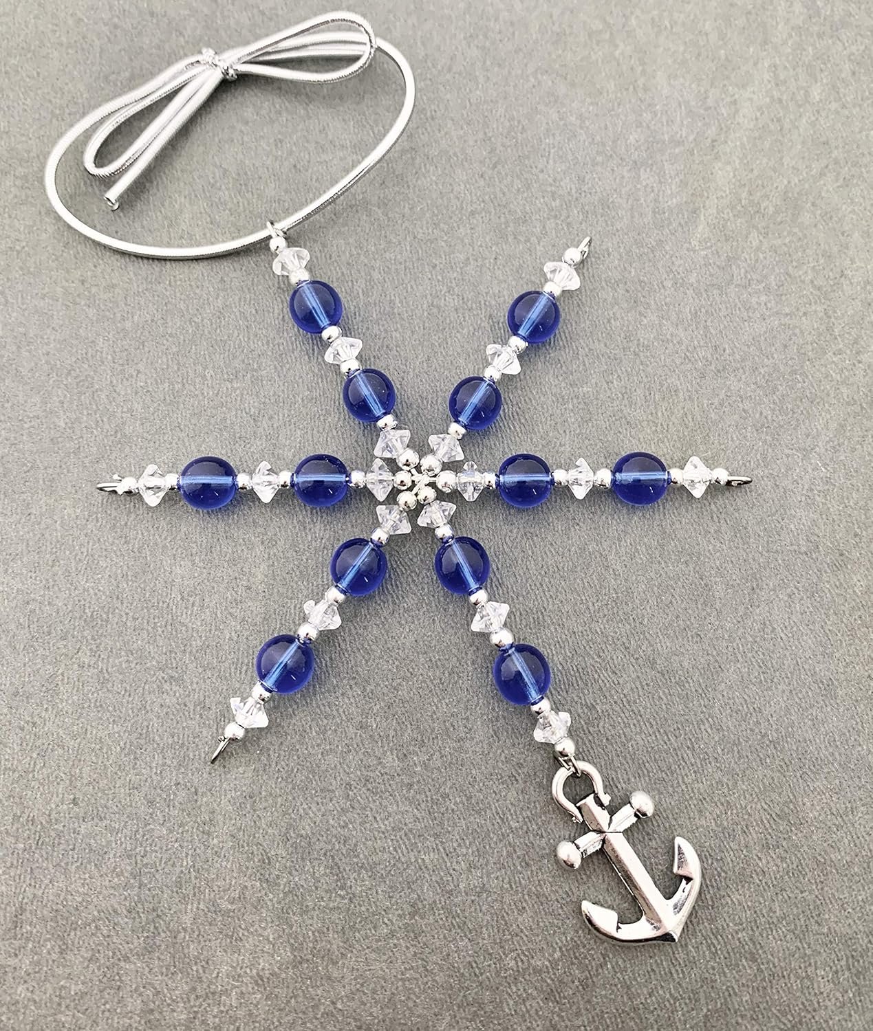 Anchor Ornament - Blue Glass Beaded Snowflake Christmas Ornament/Gift Tag with Pewter Anchor Charm with Jewelry Box - Handmade with Clear and Silver Vintage Beads and Blue Glass Vintage Beads - Image 6