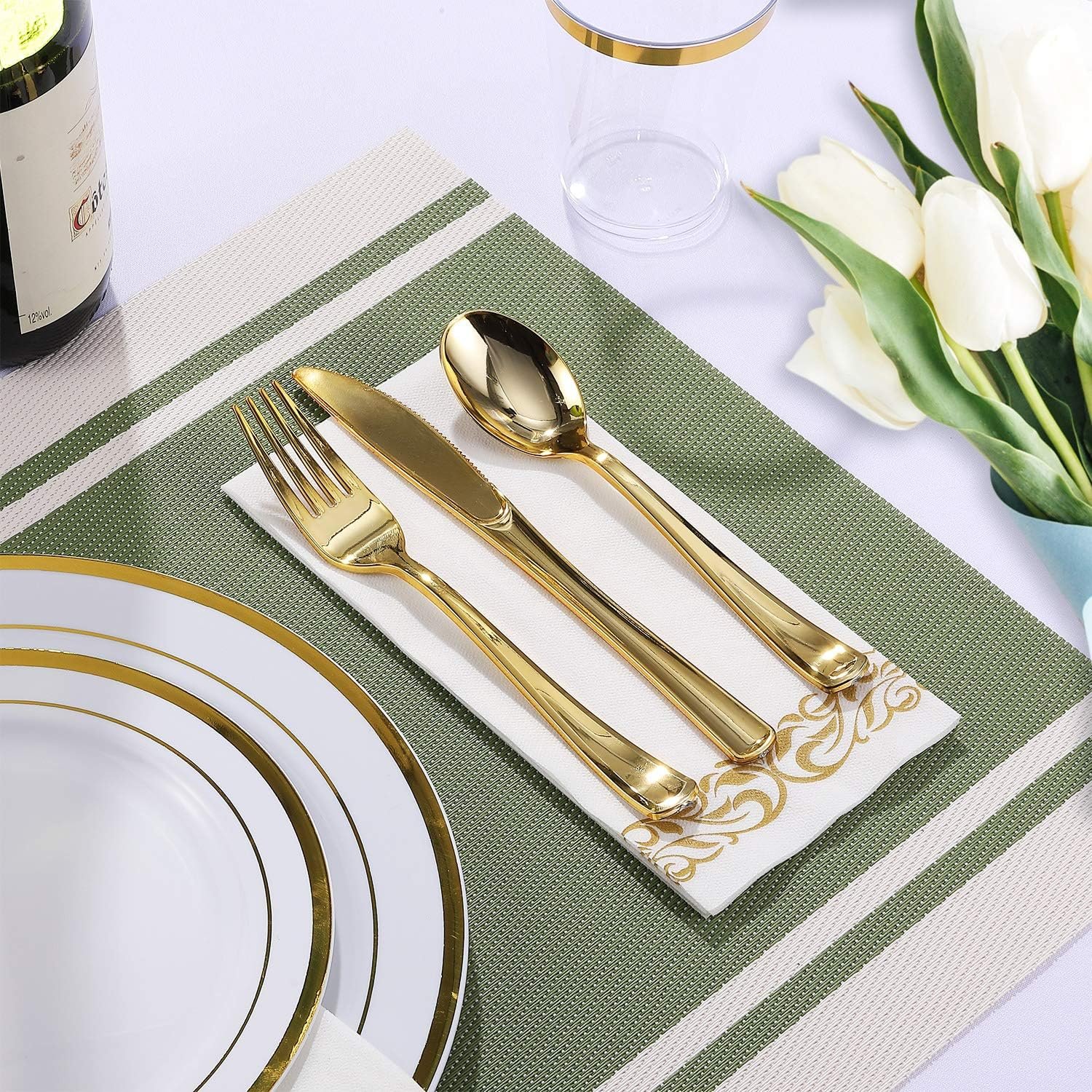 FOCUSLINE 350 Gold Dinnerware Set for 50 Guests, White and Gold Rim Plastic Plates Disposable Heavy Duty, Including 50 Dinner Plates, 50 Dessert Plates, 50 Cups, 50 Napkins, 50 Silverware Set - Image 4