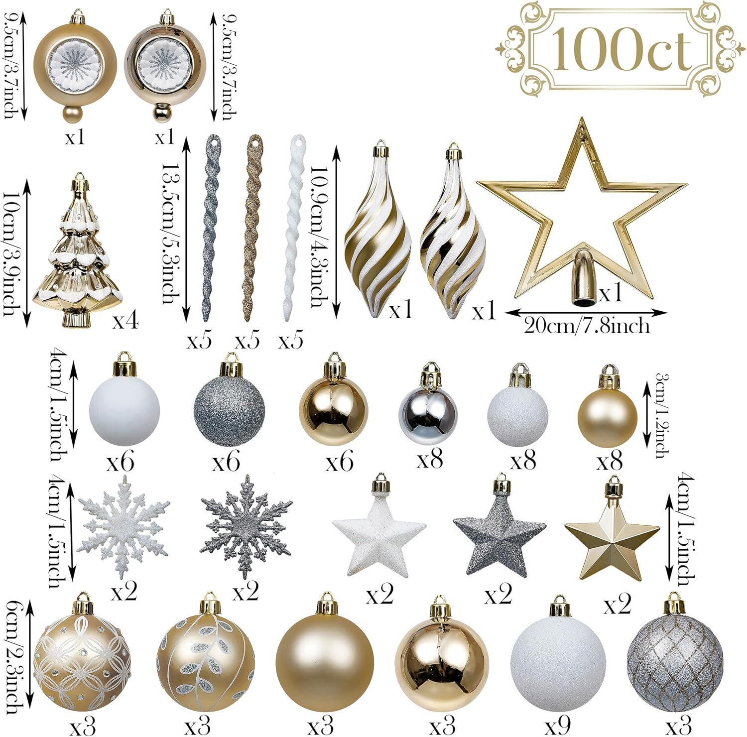 Valery Madelyn Christmas Ball Ornaments, 100ct White and Gold Shatterproof Christmas Tree Decorations Set, Elegant Hanging Ornaments for Xmas Trees Bulk Holiday Decor - Image 4