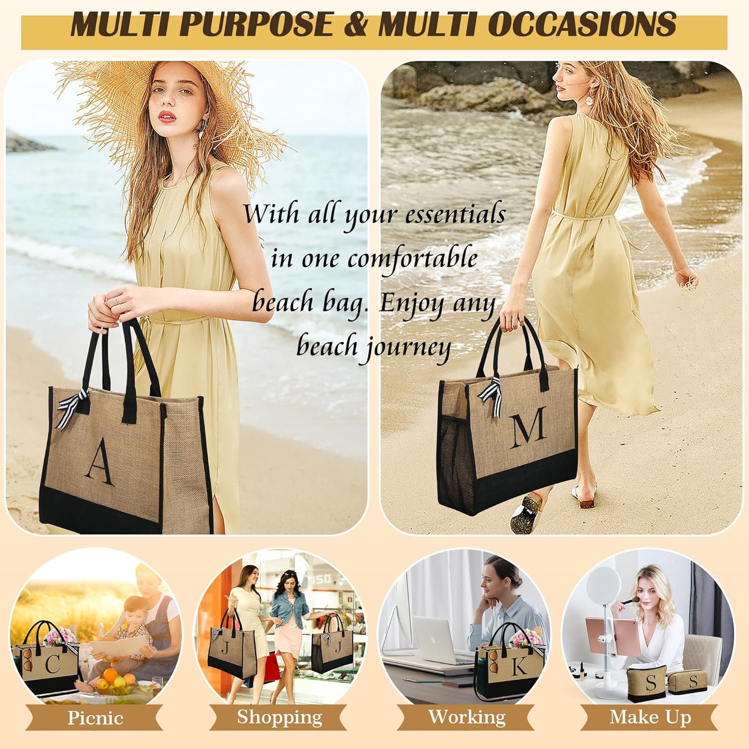 YOOLIFE Christmas Gifts for Women - Initial Jute Tote Bag & 2 Makeup Bags Birthday Gifts for Women Mom Teacher Friend Sister - Image 7